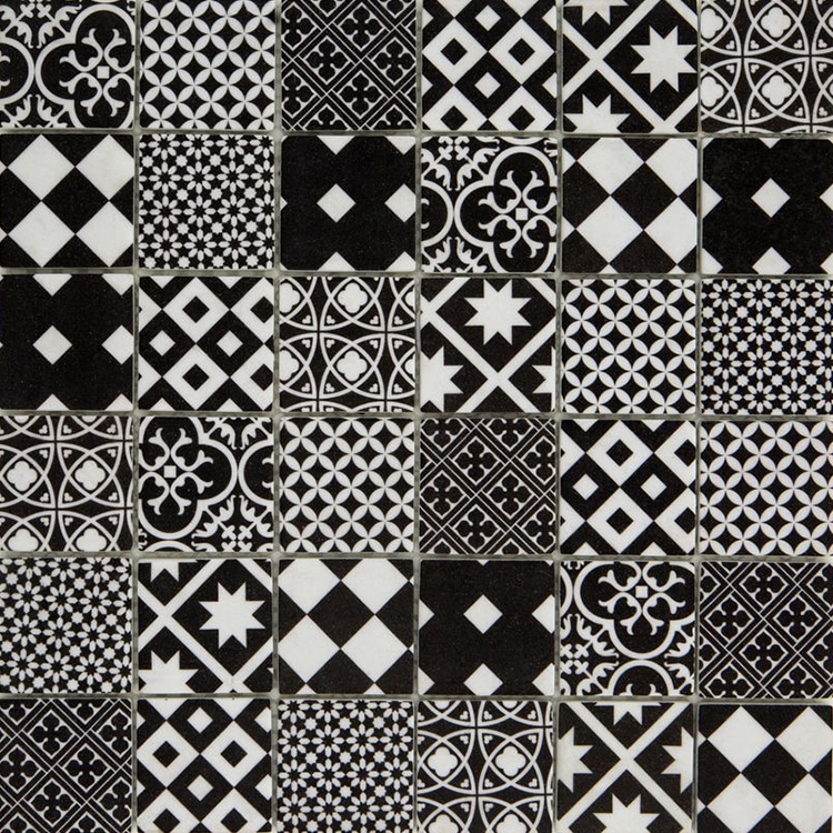 Glasmozaïek - Zwart Wit Cement Portugese Print 48x48