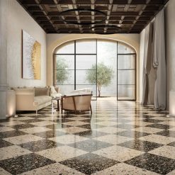 Alternative view of Terrazzo Tegels Tile Stories Venice Villa 60x60 Earth Levigata Zwart Beige Hoogglans