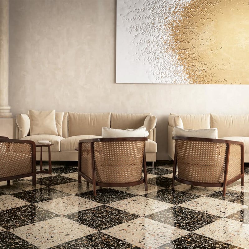 Terrazzo Tegels Tile Stories Venice Villa 60x60 Earth Levigata Zwart Beige Hoogglans Terrazzo Tegels Tile Stories Venice Villa 60x60 Earth Levigata Zwart Beige Hoogglans