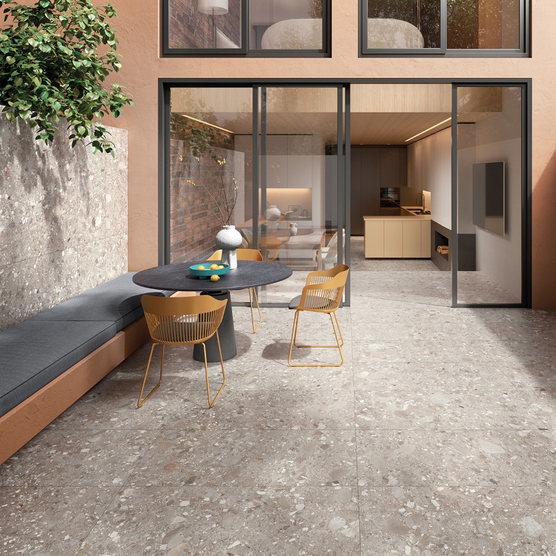 Terrazzo Look Tegels Ceppo Di Gres 120x120 Sabbia Lichtbruin Terrazzo Look Tegels Ceppo Di Gres 120x120 Sabbia Lichtbruin