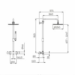 G5201 Lagoo Thermostatische doucheset met hoofddouche (250 mm) en handdouche (staaf) Dimensies
