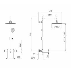 G5203Lagoo Thermostatische doucheset met hoofddouche (250 mm) en handdouche (rond) Dimensies