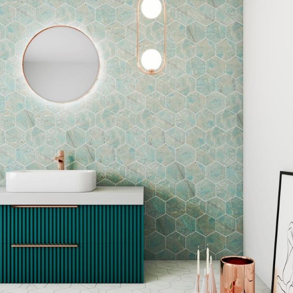 14x16 Hexagon Tegels Rock Star Green Marble Sfeer