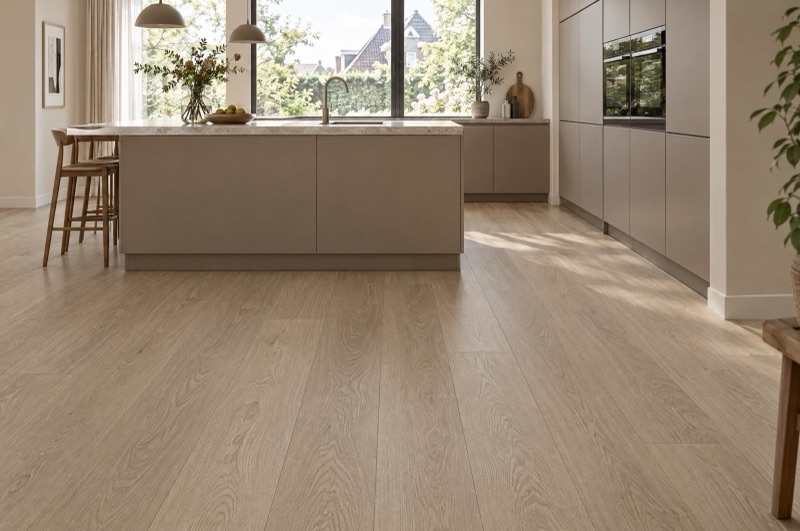 Open keuken met een naturel eiken plankenvloer en kookeiland