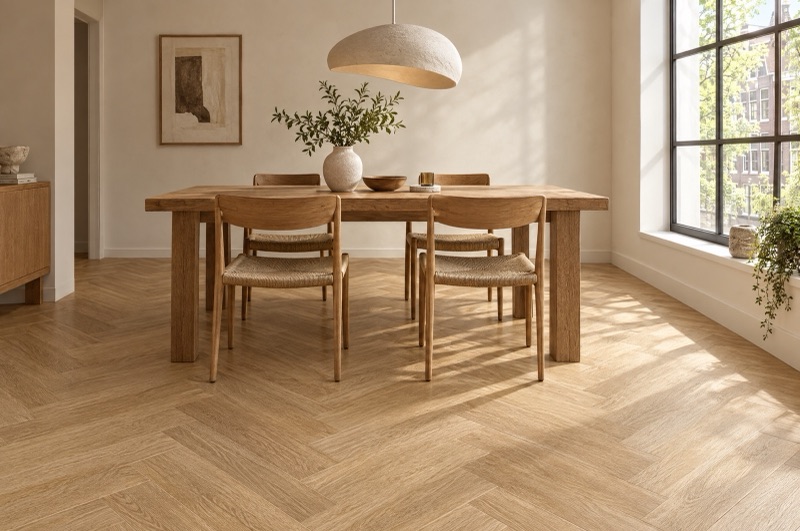 Eethoek met een naturel eiken visgraatvloer onder een hanglamp