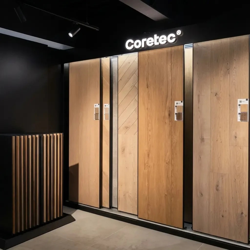 De Coretec-wand in de showroom met houtlook vloeren op ware grootte