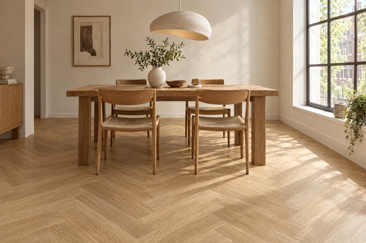 Plak-pvc naturel eiken in visgraat in een eetkamer