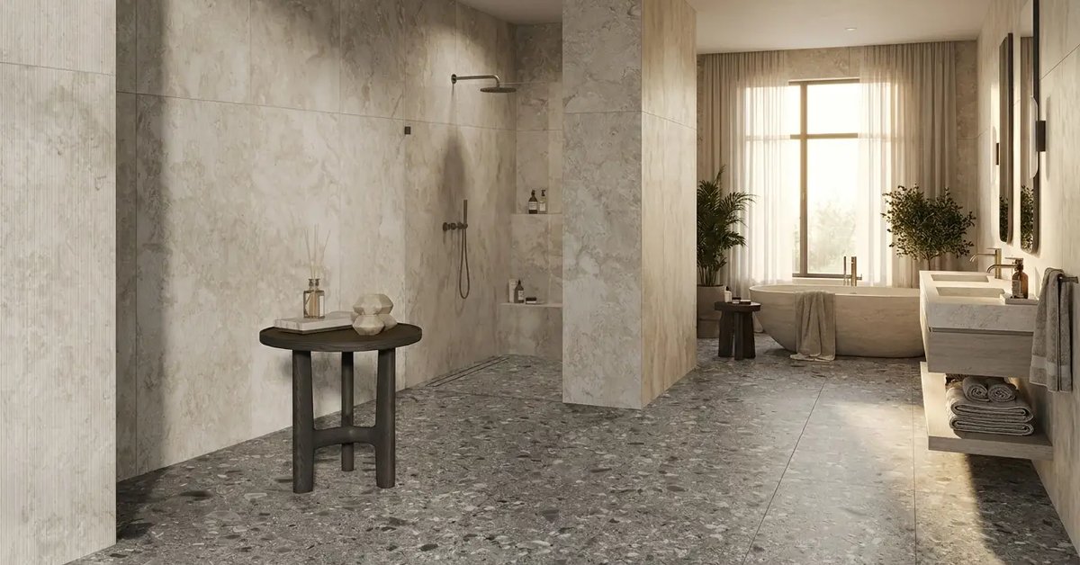 Ruime badkamer met natuursteenlook wandtegels, een terrazzo vloer, inloopdouche en vrijstaand bad